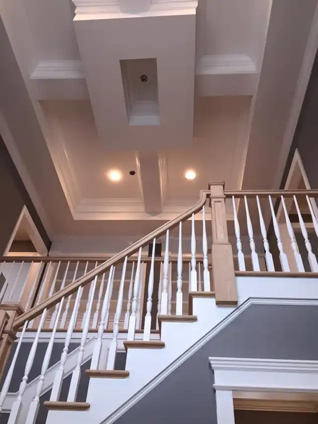 White stair rail beneath a tray ceiling