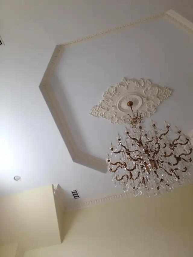 Ornate ceiling medallion at the center of an octagonal tray ceiling